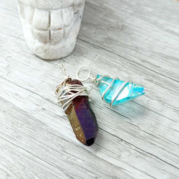 2 Piece Quartz Crystal Pendants for Jewelry Making, Titanium Quartz Aura Quartz - Picture 1 of 5